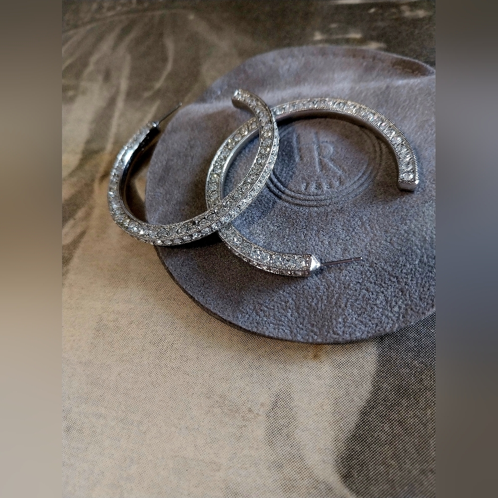 Vintage Kenneth Lane Sparkling Silver Crystal Hoop Earrings